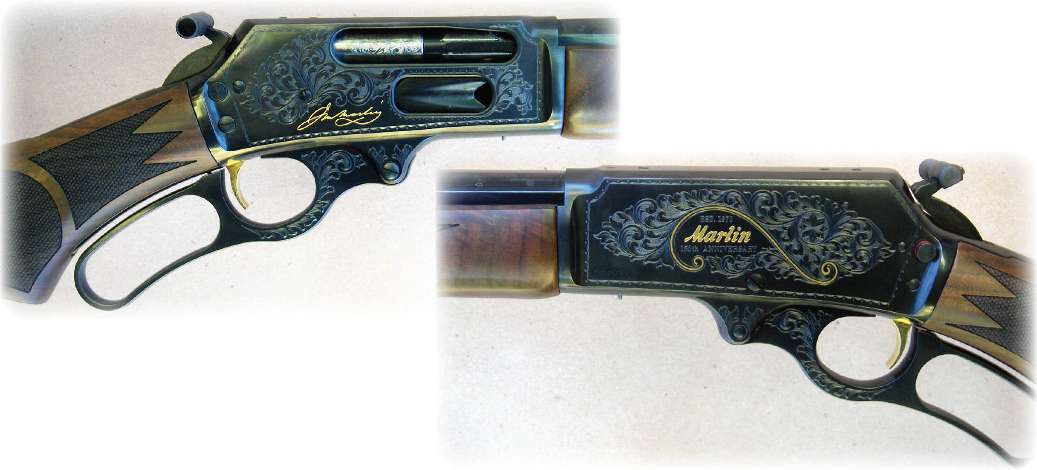 The Model 444 .444 Marlin rifle receiver is fully engraved with gold accents. The lever and bolt are also engraved.